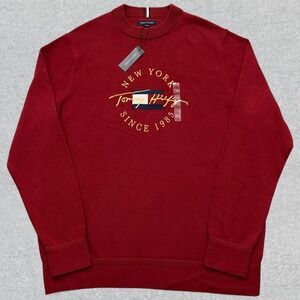 NEW Tommy Hilfiger Sweater Men's 2XL Burgundy Knit Embroidered Pullover Preppy